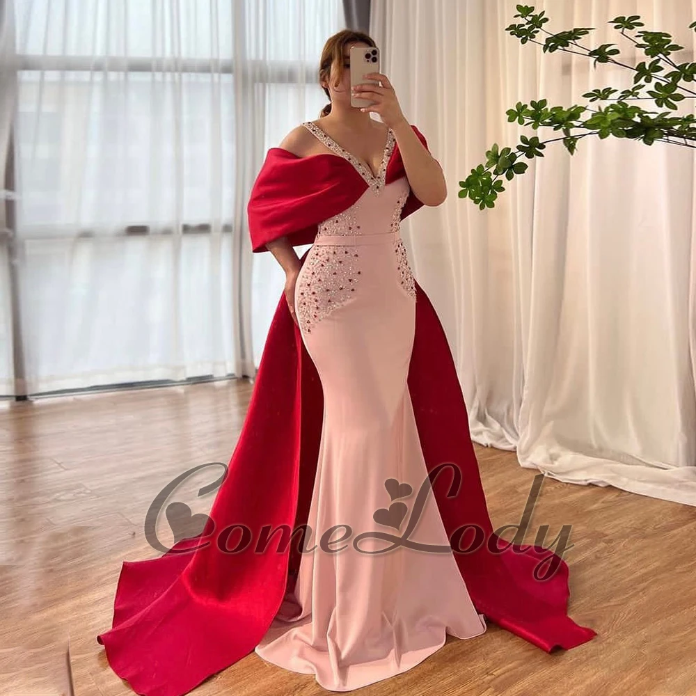 

Comelody Glamorous Satin Prom Dresses for Women Saudi Arabric V Neck Off the Shoulder Rhinestones Belt Chapel Train Customised