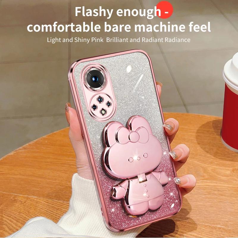 Honor50 Glitter Rabbit Makeup Mirror Holder Case On For Huawei Honor 60 50 90 30 20 Lite 30s Soft Cover Nova 10 11 Pro_voghion.com