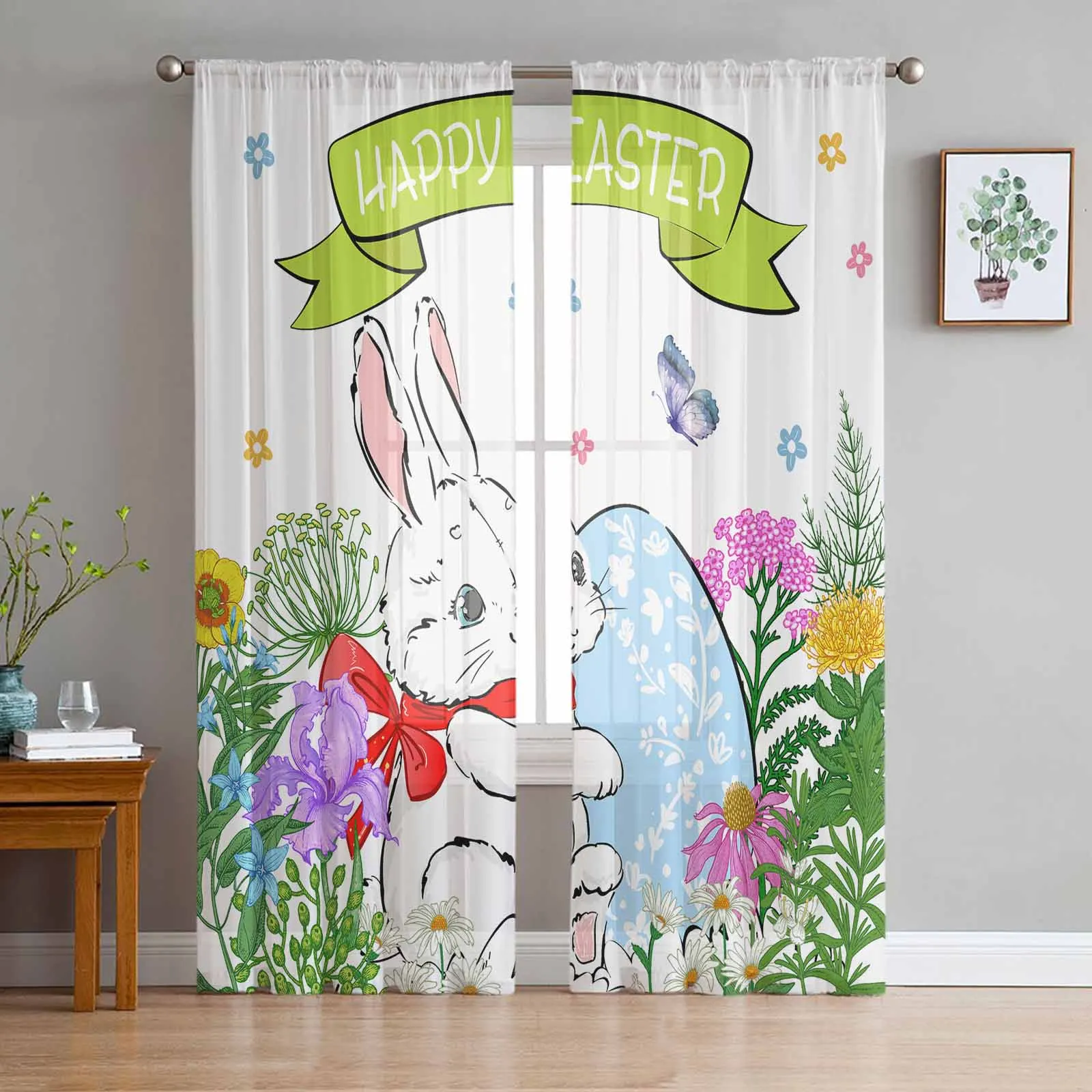 

Easter Garden Bunny Eggs Butterfly Tulle Curtains for Living Room Sheer Curtain for Bedroom Kitchen Blinds Voile Curtains
