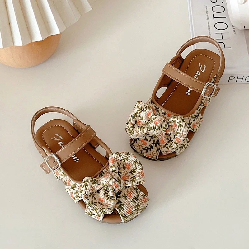 Kids'Casual 신발 패션 레오파드 프린트 PU 가죽 샌들 여름 신발 소녀용 미끄럼 방지 브라운 옐로우 신발 사이즈 23-33
