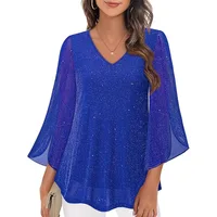 Plus Size 1XL-5XL Women's Fashionable V-neck Casual Ruffle Edge 3/4 Sleeve Loose and Comfortable Shirt