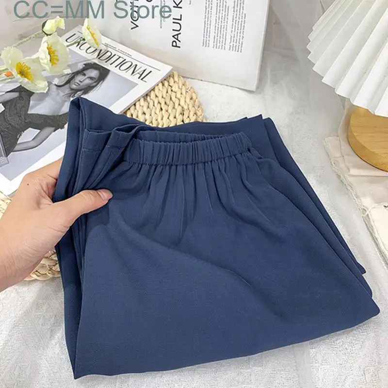 New Wide Leg Pants for Women Suit Office Ladies Elastic High Waist Summer Chiffon Casual Straight Ankle Length Bottom