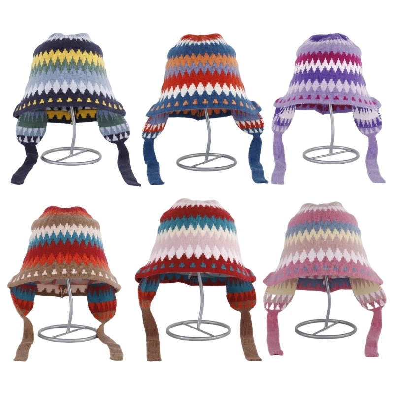 

L93F Thick Stripe Pattern Beanie Adult Elastic Hat Winter Warmer Knitted Hat Cold Winter Presents for Students Teenagers