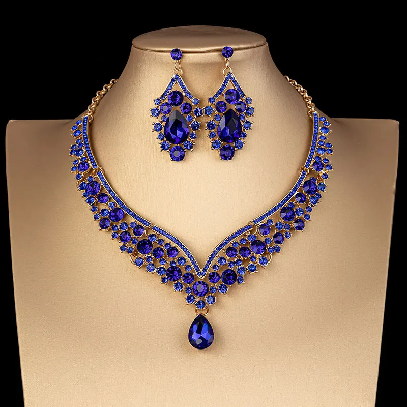 Luxury Crystal AB Color Choker Necklace Earrings Set Rhinestone Bridal Jewelry Sets For Bride Wedding Party Costume Bijoux Femme bridal jewelry sets