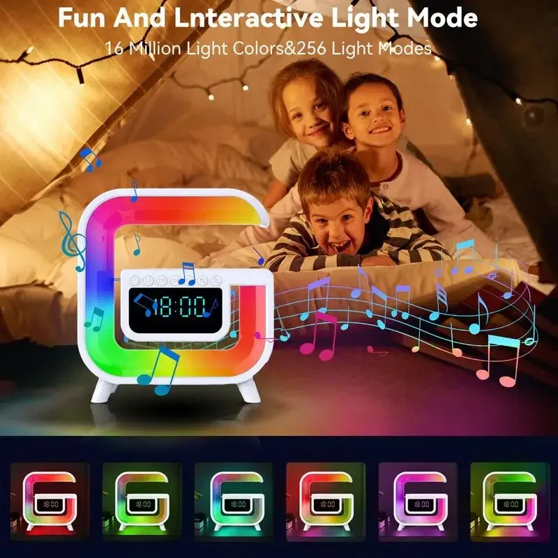 

G2 Wireless Speaker RGB Night Light Speaker Desk Lamp Atmosphere Lamp With FM Radio Alarm Clock LED Lights Wireless Charger