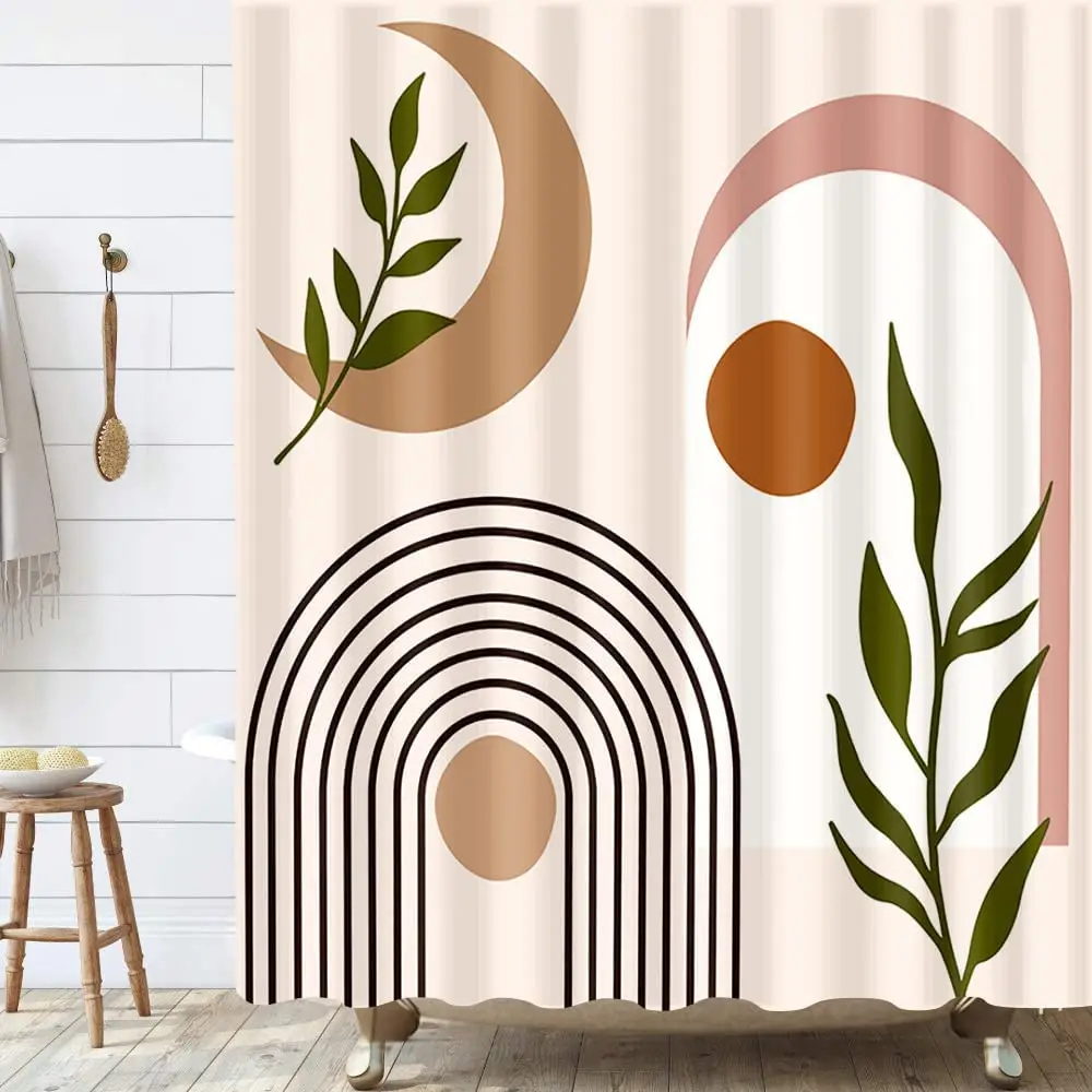 

Boho Shower Curtain Mid Century Modern Moon Sun Bohemian Leaf Plants Liner for Bathroom Minimalist Curtains Sets with Hooks