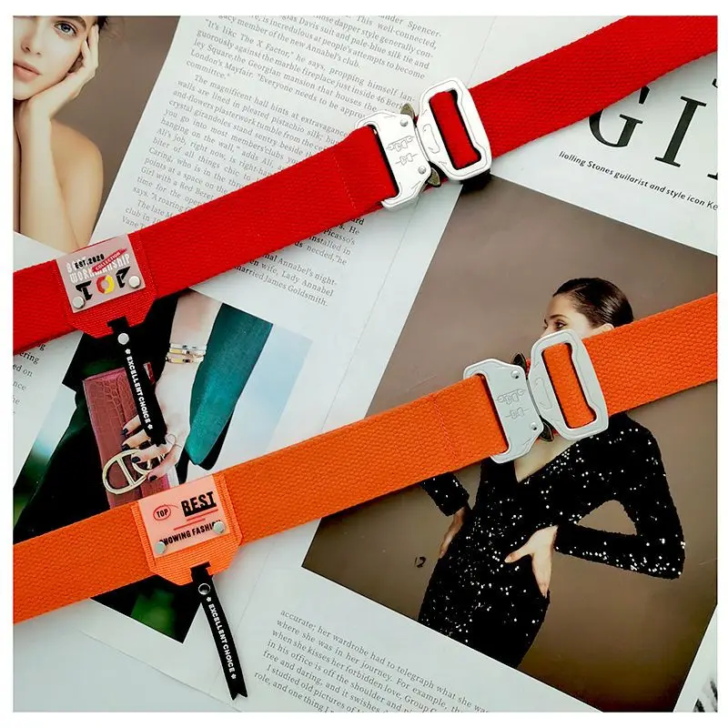 Functional Buckle Belt Men's Tooling Hip-hop Ins Fluorescent Green Decorative Belts Personality Silver Buckle Canvas Light Belt