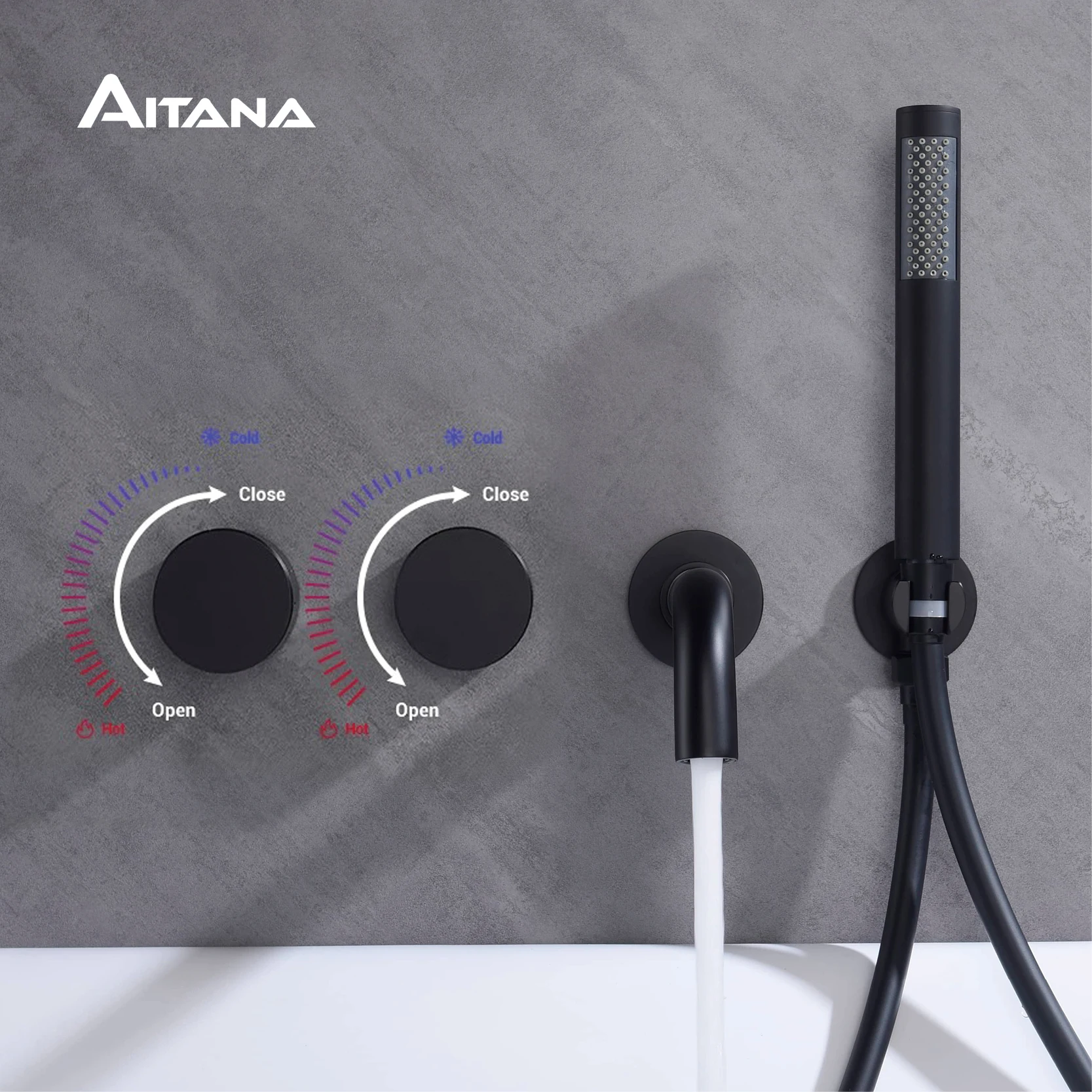 ก๊อกน้ำในห้องน้ำทองเหลืองสีดำหรูหราพร้อมด้ามจับติดผนัง2อันพร้อมการควบคุมคู่กับก๊อกน้ำอ่างอาบน้ำที่เรียบง่ายทั้งร้อนและเย็น 1