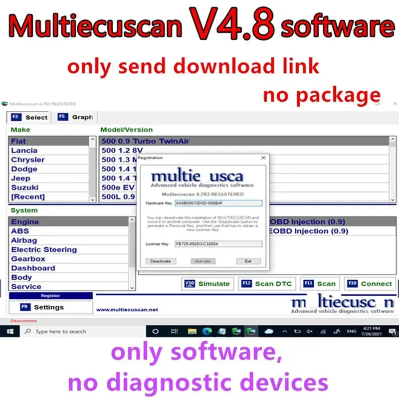 Latest Multiecuscan V4.8 For Fiat/Chrysler/Dodge/Jeep/Suzuki Scanner Software 4.8+ ELM327+Flat adapter Registered Unlimite