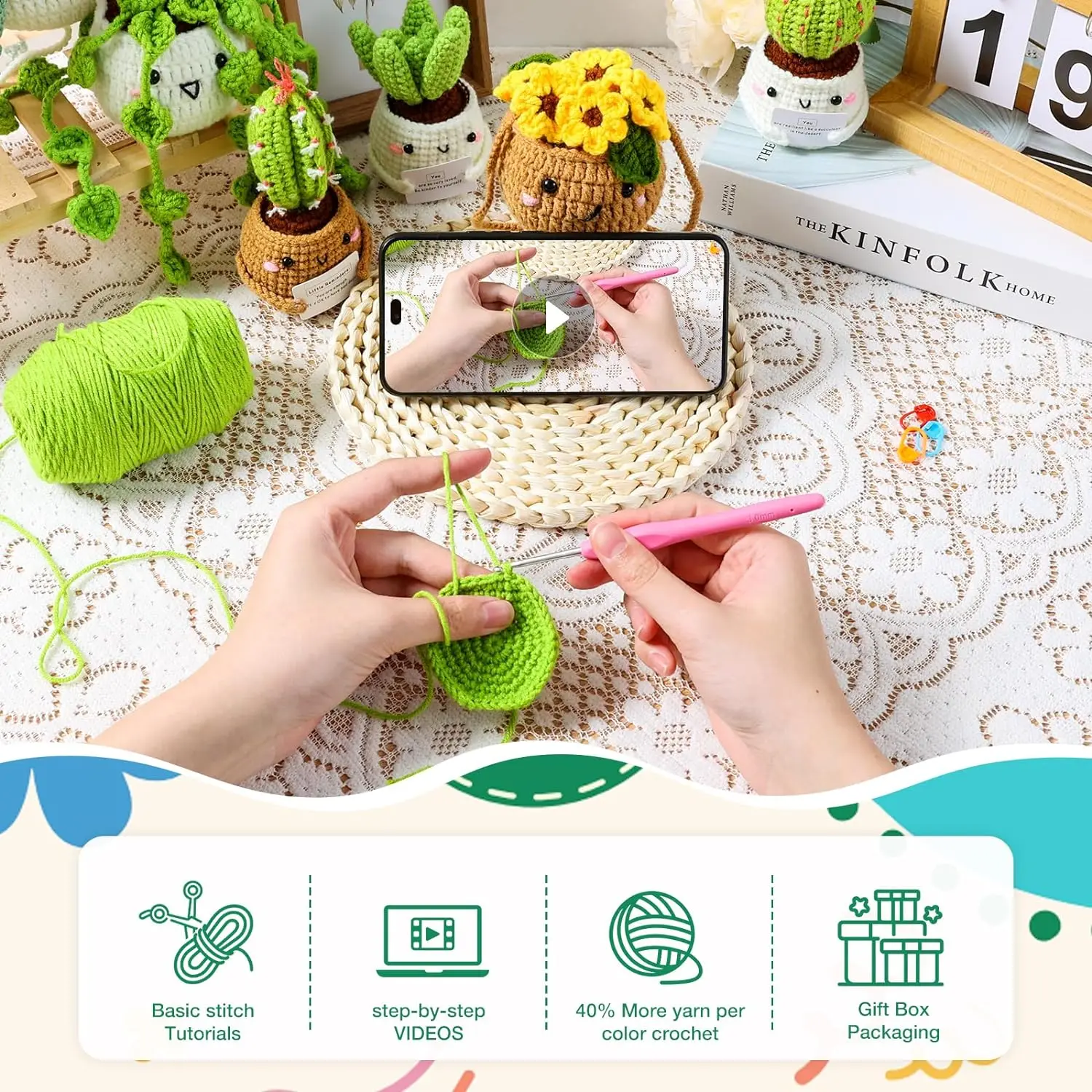 Crochet Kit for Beginners 6 PC Potted Plants and Succulent Family Crochet Kit with Accessories(40%+ Yarn)