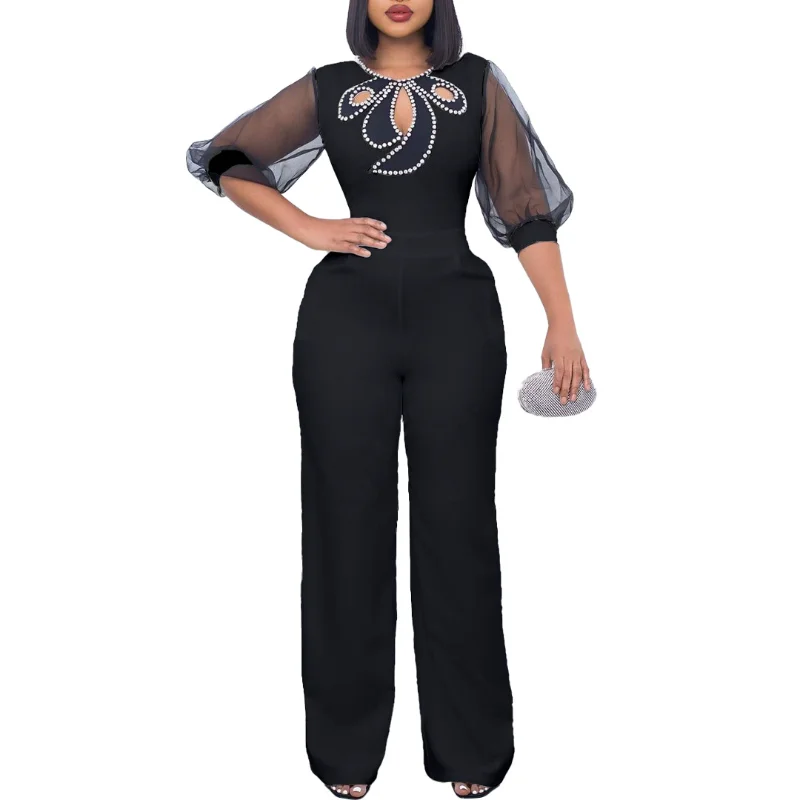 

African Jumpsuit For Women Hollow Out Red Black Ladies Dashiki 3/4 Sleeve Ankara Style Trousers Fashion Robe Africaine Jumpsuit