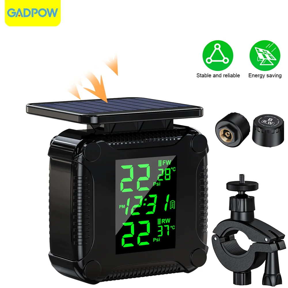 Gadpow Tire Pressure Monitoring System Waterproof LCD Display Motorcycle TPMS Solar Charge Tyre Temperature Alarm Sensor
