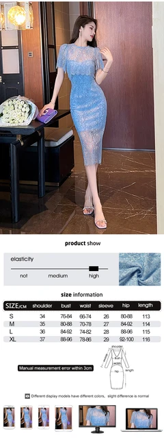 Abito Donna Lungo In Pizzo Trasparente - Vestito Elegante Manica Lunga, Bodycon Da Sera Cocktail