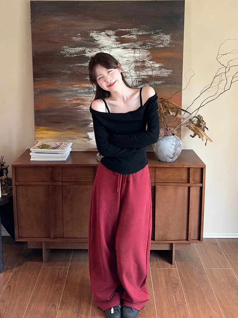 Fake Two-piece Off Shoulder Long Sleeve T-shirt Women's Sexy Slash Neck Flare Sleeve Base Shirt Top Autumn Casual Slim Fit Tops