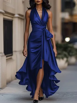 Freeacy Women's Deep V-neck Ruffled Evening Gowns Solid Color Lace-up High Waist Satin Party Dresses Wedding Guests Dress 1