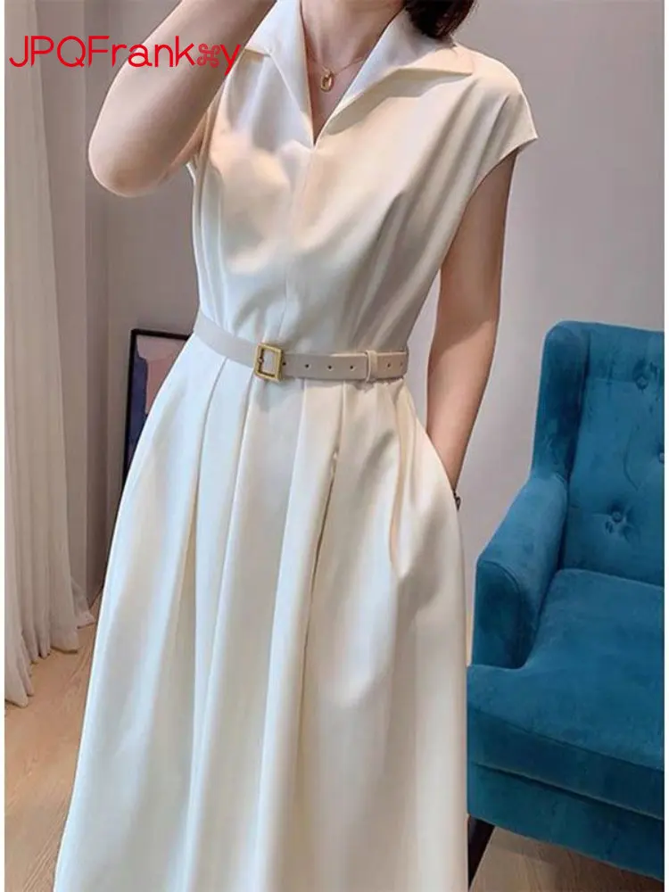 

French Commuter V-neck Solid White Dress 2024 Spring Summer New Short-sleeved Waist Temperament Skirt Maxi Dresses for Women