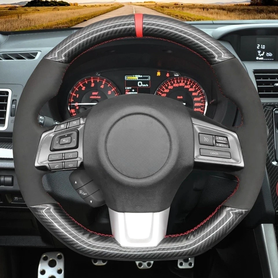Rutschfeste schwarze Kohlefaser-Wildleder-DIY-Auto-Lenkradabdeckung für Subaru WRX (STI) Levorg 2015 2016 2017 2018 2019 2020 2021 – Detail 1