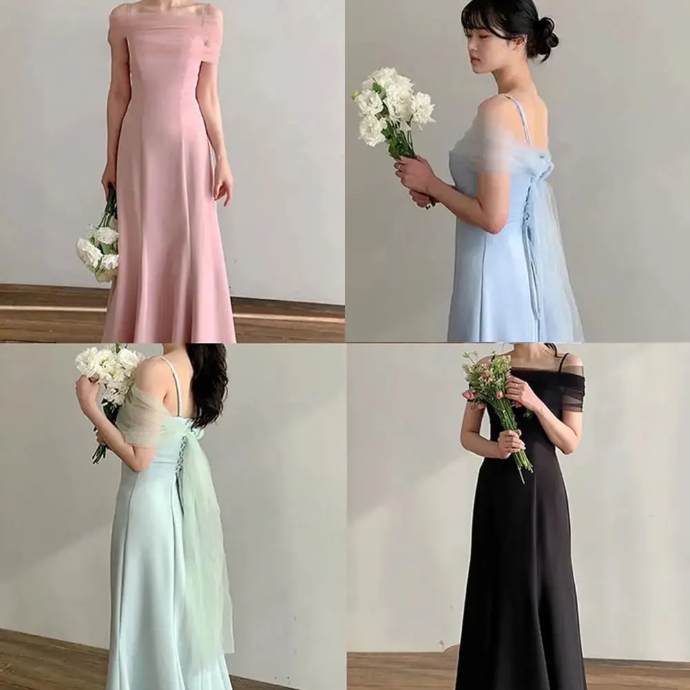 

Lilac Elegant Blush Pink Long Bridesmaid Dresses Boat Neck Korea Lady Tulle Satin Corset Evenig Gowns Formal Party Prom Robe
