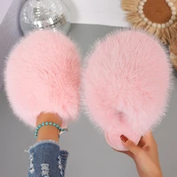 New Winter Women Fashion Fur Slippers Fluffy Cute Plush Women Luxury Outdoor Anti Slip Durable Flat Bottom Slippers Slides Women