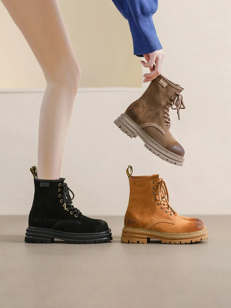 

Women's Summer 2023 New Frosted Leather Cool Spring and Autumn Thick Bottom British Fan Car Boots Platform Shoes