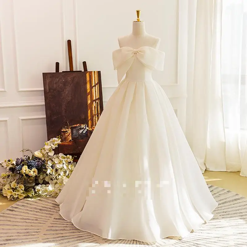 New Elegant 2024 Wedding Party Dress Sweet Off The Shoulder Women Bride Dress With A Bow Simple Lace Up Custom Wedding Dress elegant lace a line wedding dress long sleeves off shoulder tulle bride gowns 2024 new custom made plus size applique party robe