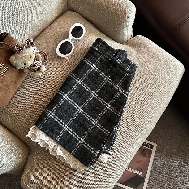 Lace Patchwork Plaid Mini Skirts Women Fall Winter High Waist No Belt Faux Wool Skirts Y2K Fashion Preppy All Match A Line Skirt