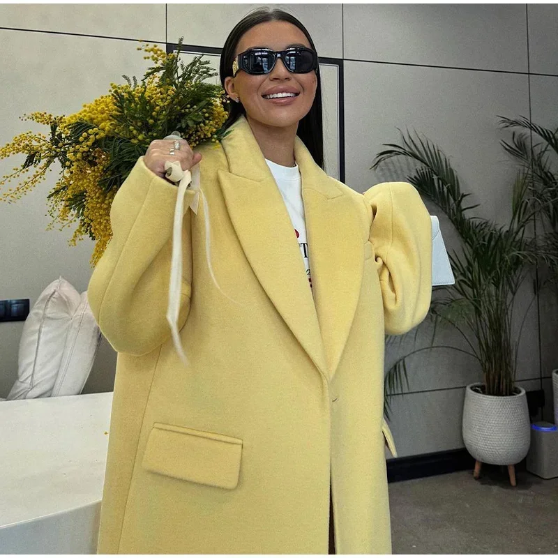 Fashion Woolen Long Coat Women Autumn Full Sleeve Button Fake Pocket Split Yellow Overcoat Elegant Oversize New in Outwear