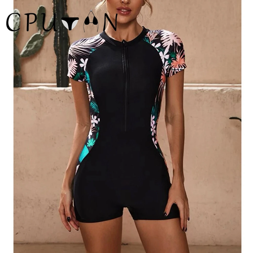 

CPUTAN 2024 Sport One Piece Swimsuit Monokini Swimwear Women Vintage Print Beachwear Push Up Bathing Suit Boyleg Surfing Suit