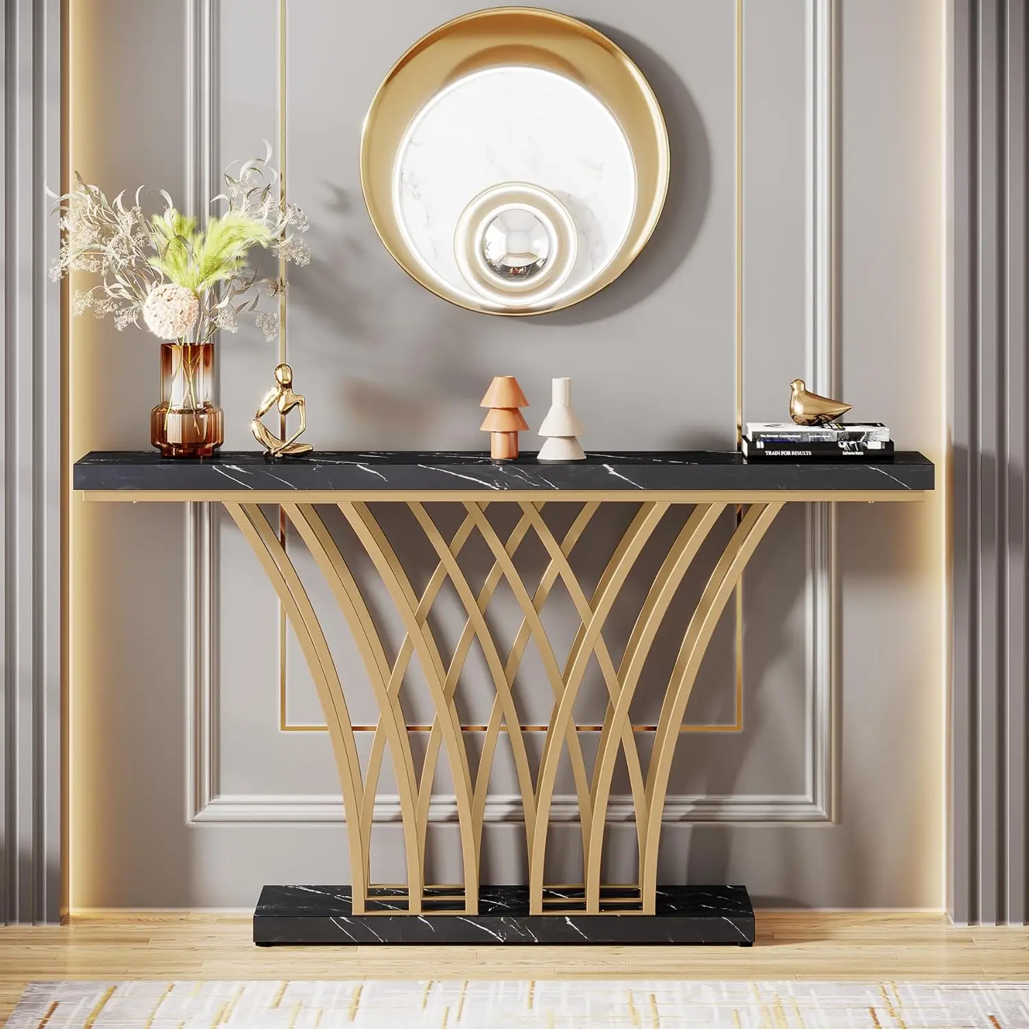 59 inch Console Table with Grid-Shaped Metal Base for Entrance Hallway Living Room