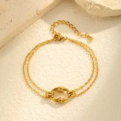 Elegant Minimalist Oval Bracelet with Double - Layer Flat Rolo Chain, 18K Gold Plated Stainless Steel Jewelry (BR - 2409G)