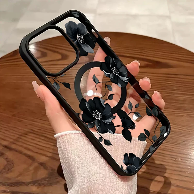 Elegant Black Floral Magnetic Phone Case – Stylish and Protective Smartphone Cover
