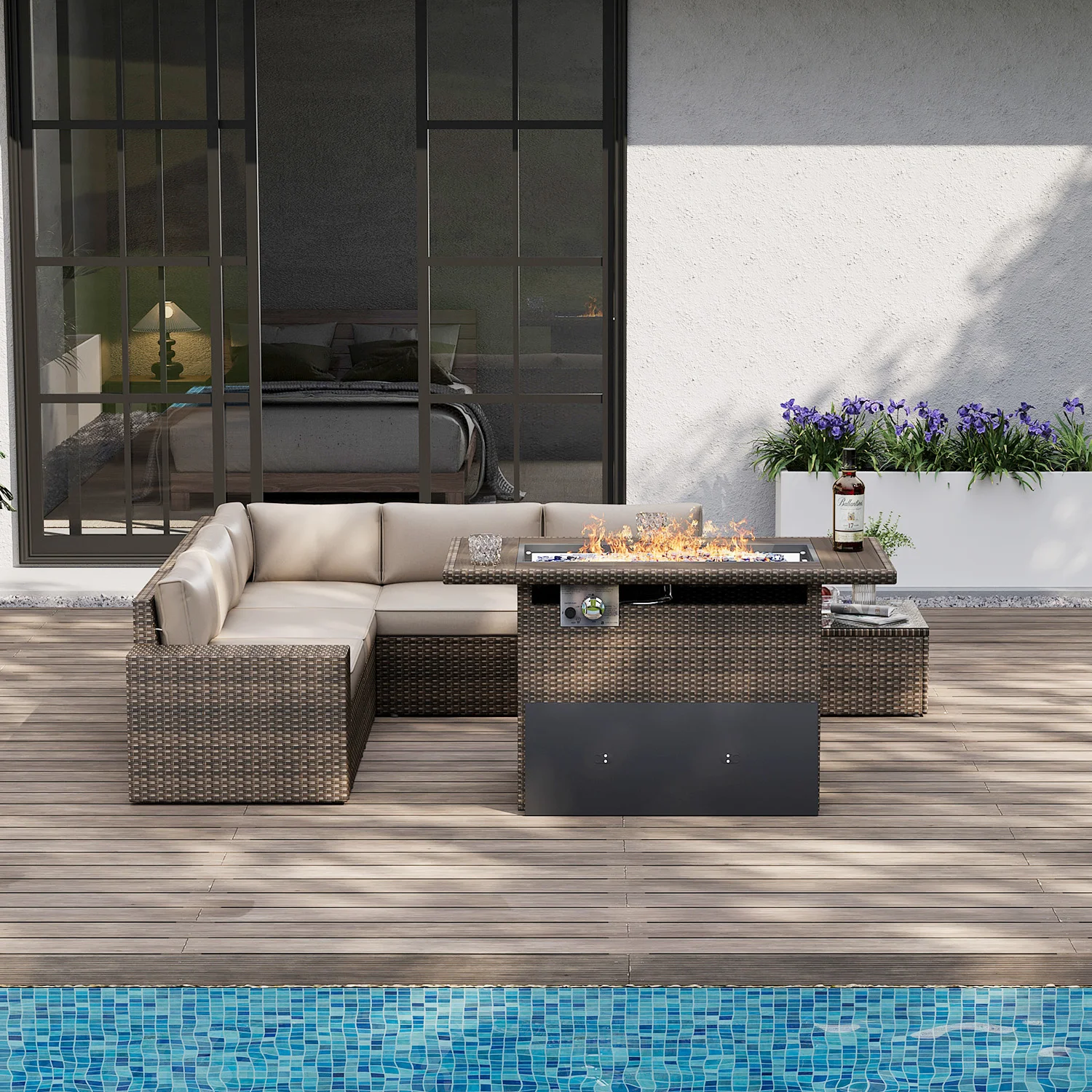 Aoxun 44" Propane Fire Pit with Storage 60,000 BTU Outdoor Wicker Fire Table CSA Certified Patio Rectangular and Waterproof Cove