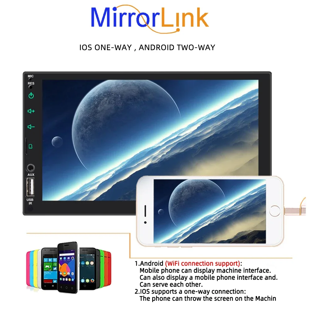Car MP5 Stereo 7'' 2 Din Capacitive Screen Player Bluetooth FM/EQ/USB/TF/AUX Hands-free Wireless Carplay Android Auto MirrorLink