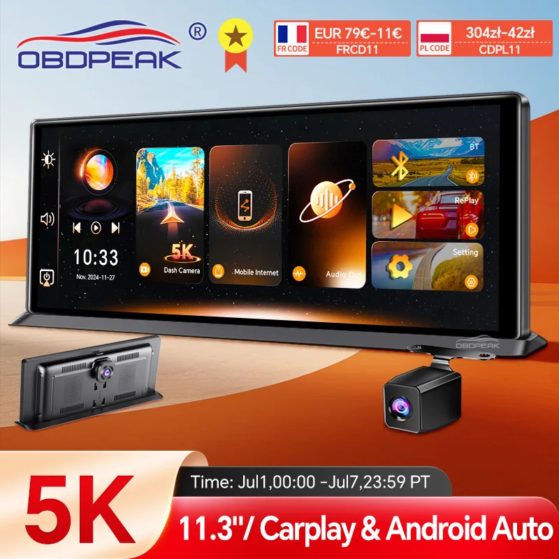 K8 Pro 11.3" Touch Screen Car Camera 5K Dash Cam GPS 5G WiFi Wireless CarPlay & Android Auto Loop Recording GPS Navigation DVR