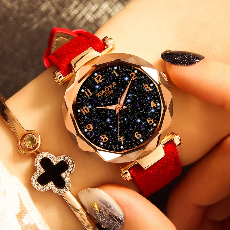 Xiaoya Women's Watches Personality Romantic Starry Sky Watches Women Rhinestone Face Leather Band Quartz Wistwatch Reloj Mujer - 4