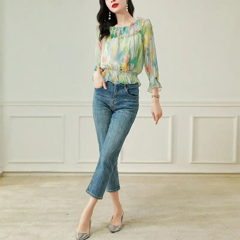 Spring Summer Three Quarter Fashion Printing Blouse Women High Street Casual Elastic Waist Elegant Edible Tree Fungus Pullovers