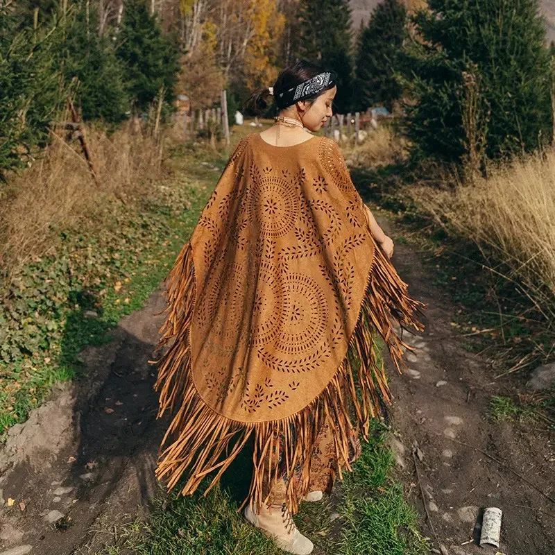 2025 Camel Suede Floral Hollow Out Fringe Tassel Shawl Women Vintage Capes Ponchos Autumn Bohemian cardigan Cloak Boho Capes