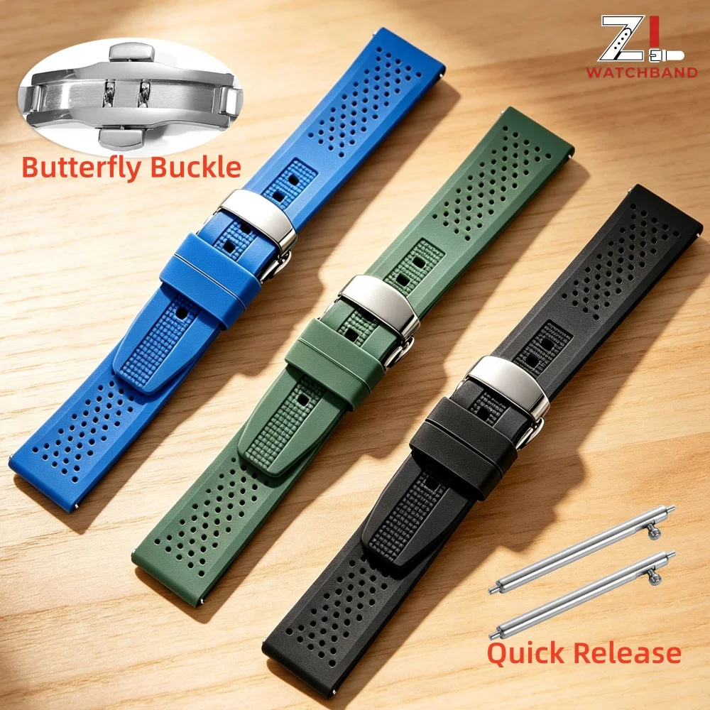 Silicone Quick Release Watch Strap with Butterfly Buckle - Available in Multiple Sizes