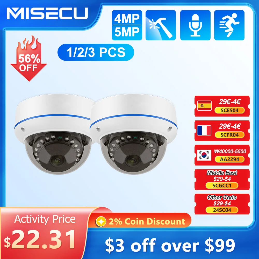 Misecu 4MP/5MP POE IP Camera Home Security Protection 1/2/3 PCS Vandalproof Dome Surveillance Cameras Support Onvif