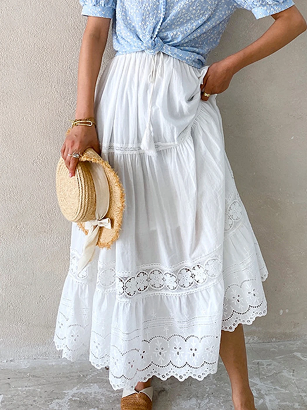 Jastie Boho Elegant White Long Skirt Women Hook Flower Hollow Folds Hem High waisted Skirts Casual