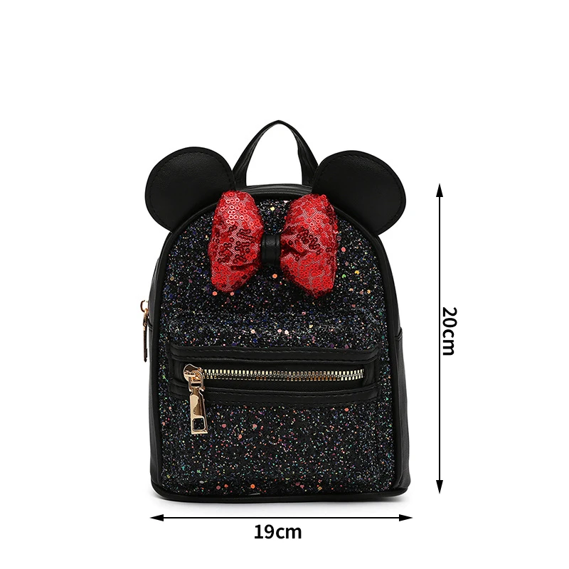 Disney Sequins Backpack Minnie Mouse Bow Fashion Glitter Backpacks Girls Kawaii PU Leather Travel Backpack Birthday Gifts 4