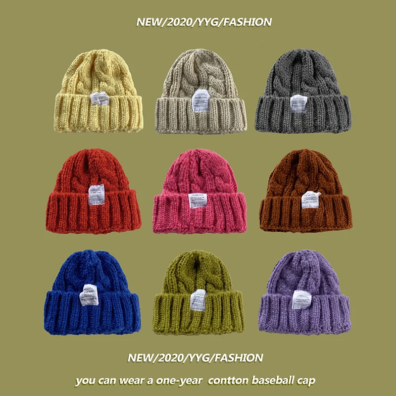 

Japanese Candy Color Twist Woolen Cap Women's Winter Warm Vintage Casual All-Matching Letter Mark Knitted Hat Men's Fashion