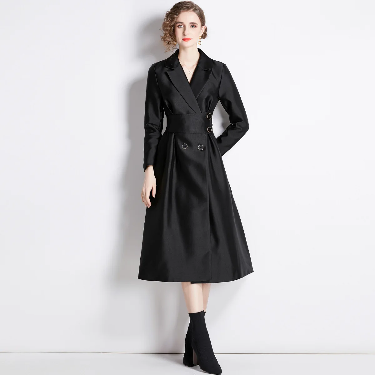 

Women's Autumn Hepburn Style Suit Collar Dress Long Sleeve Waist Crinkle Long Trench Long Dresses for Women Y2k Black Dress