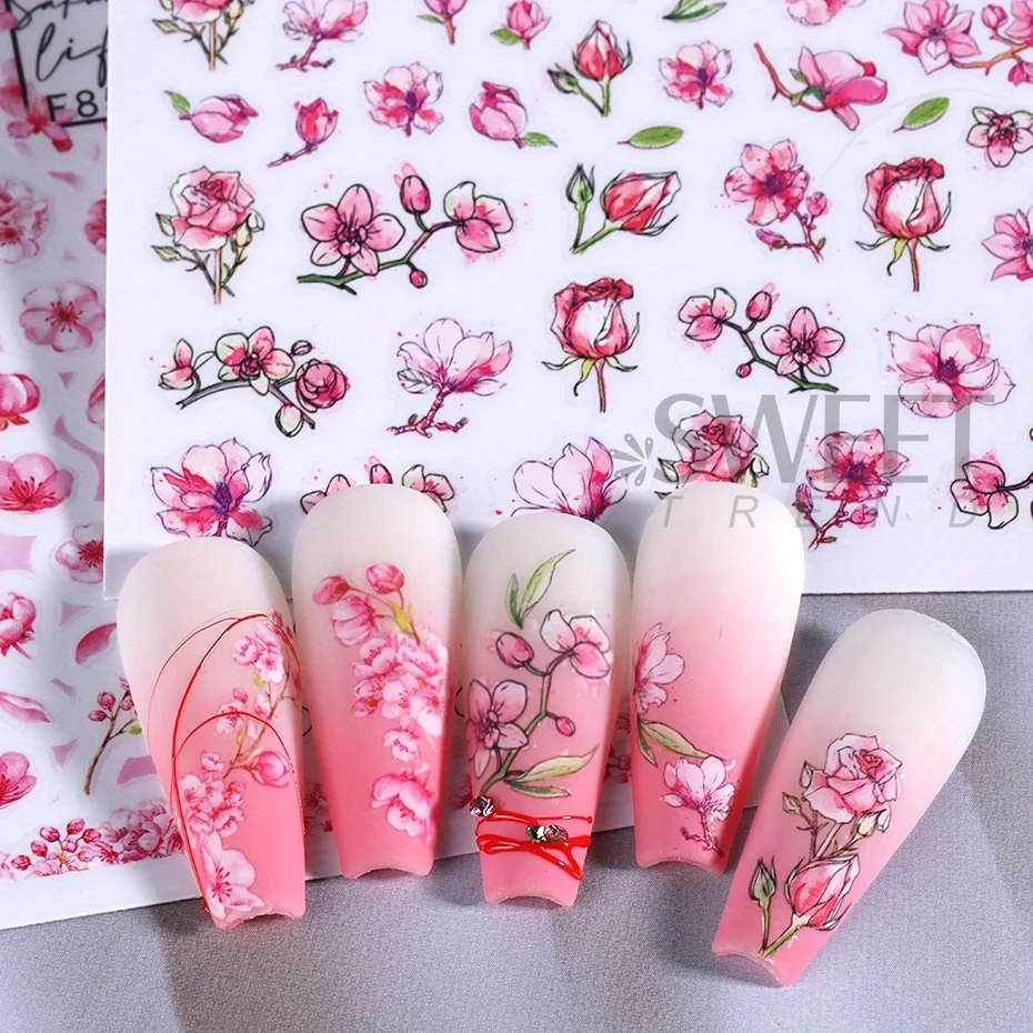 7pcs Pink Cherry Blossom Nail Stickers Romantic Sakura Flowers Design Decal Spring Summer Theme Elegant DIY Charm Manicure Foils