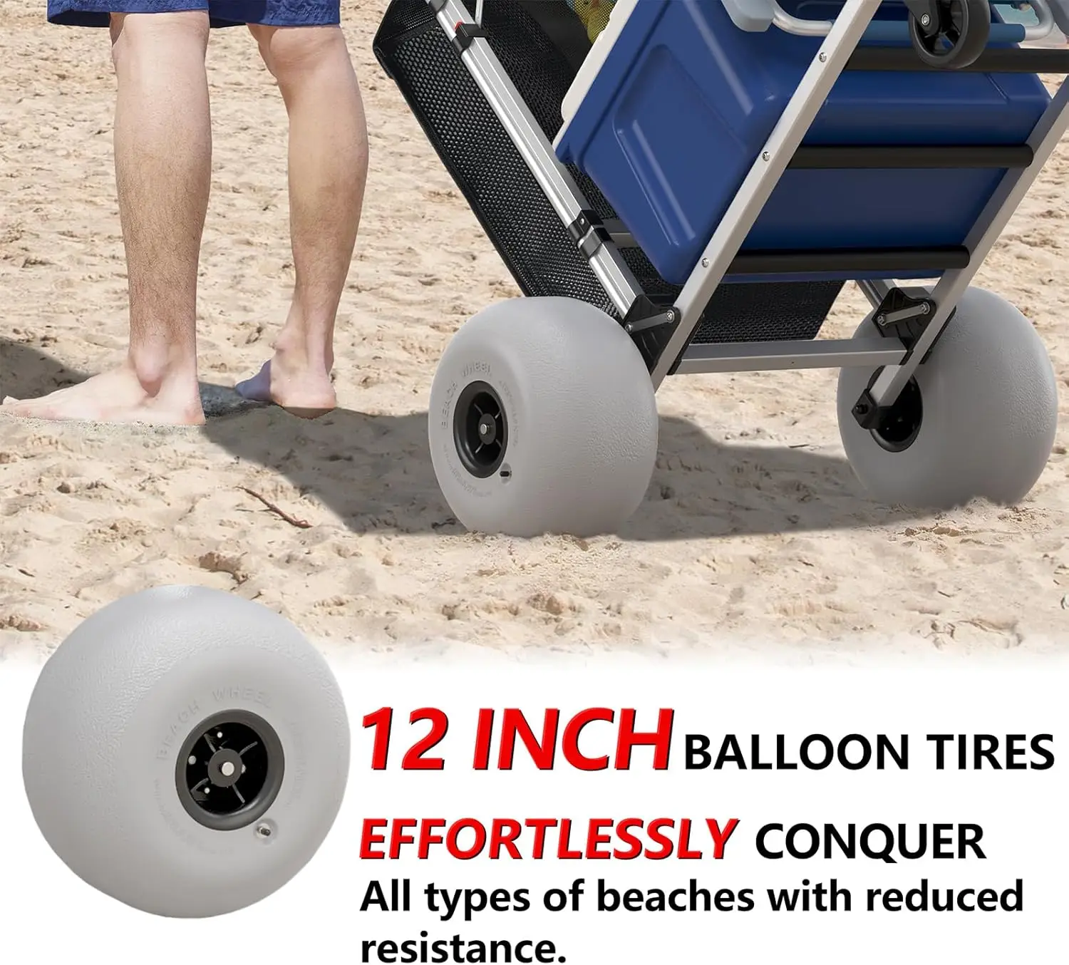 Foldable Beach Cart with Adjustable Handle and 12"Balloon Wheels,Sand Wagon 220LBS Loading Capacity and Large Cargo Deck 29.5x16