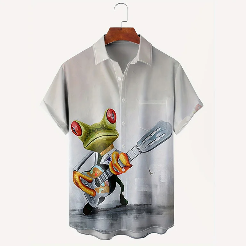 

Hawaiian Vacation Shirt Men's 3d Frog Playing Guitar Graphic Print Shirts Cool Short Sleeve Lapel Collar Shirt Summer Clothing