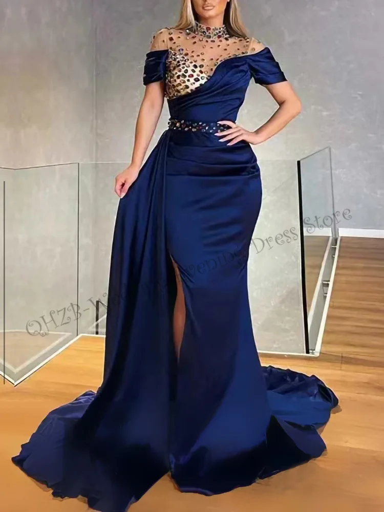 

New in Sexy High Neck Trumpet Mermaid Short Sleeve Beading Side Slit Belt Satin Woman Formal Evening Dresses 2023