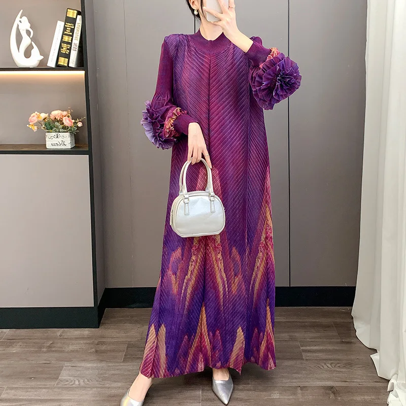 LANMREM Red Pleated Hand-Cranked Floral Print Women's Long Dress Long Sleeve Elegant Temperament Elastic Loose Dresses 2DB4509 - Image 4