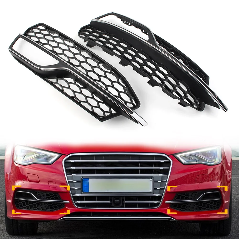 

1pcs Car Honeycomb Mesh Front Bumper Fog Light Grille Cover With Chrome Trim For Audi A3 S-Line S3 2013 2014 2015 2016 2017