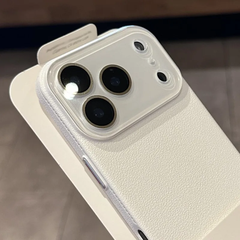 Elegant Leather Texture Silicone Case with Glass Camera Lens Protection - Shockproof Cover